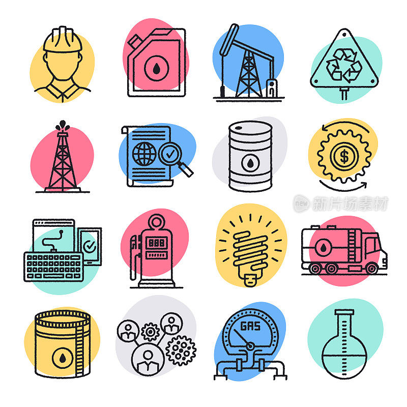 Crude Oil & Natural Gas Doodle Style Vector Icon Set
